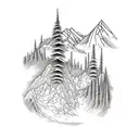 mountain range with a lake, forest, and hiking trail in the foreground tattoo design idea