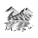 mountain range with a lake, forest, and hiking trail in the foreground tattoo design idea