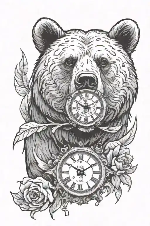 bear cub clock tattoo design idea