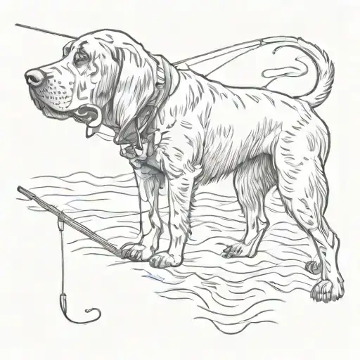 Bloodhound silhouette with a fishing rod in its mouth tattoo design idea