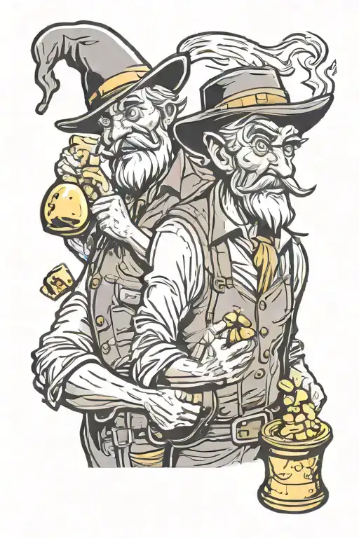 Back to back cartoon mean looking gold miner with worn hat and gold nugget in his hands and magician or illusionist with tattoo design idea