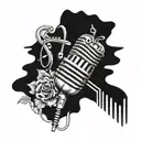 A surrealistic design featuring a microphone intertwined with music notes, symbolizing Juice WRLD's music, in blackwork style tattoo design idea