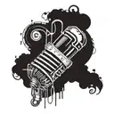 A surrealistic design featuring a microphone intertwined with music notes, symbolizing Juice WRLD's music, in blackwork style tattoo design idea