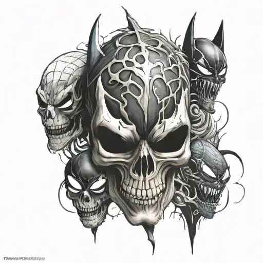 skull and batman and Spiderman and venom tattoo design idea