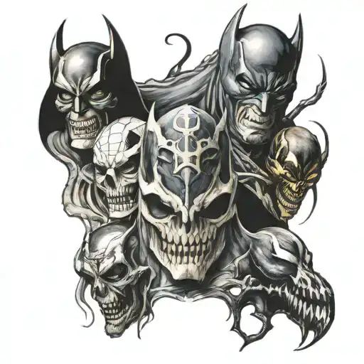 skull and batman and Spiderman and venom and demon tattoo design idea
