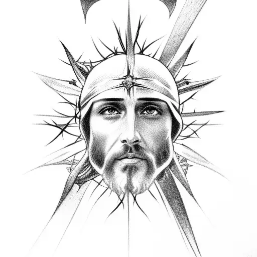 A detailed portrait of Jesus with a crown of thorns and rays of light emanating from him tattoo design idea