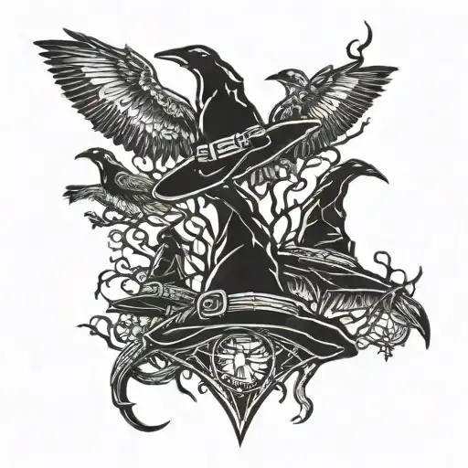 crows and bats witches' hats tattoo design idea