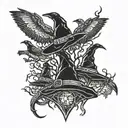 crows and bats witches' hats tattoo design idea
