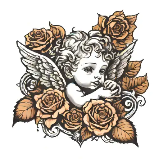 cherub angel holding rose autumn   tattoo design idea