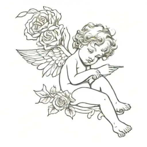 cherub angel holding rose autumn   tattoo design idea