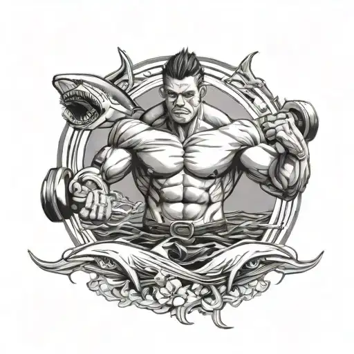 A bodybuilder lifting weights with a background of a sea filled with majestic sharks tattoo design idea