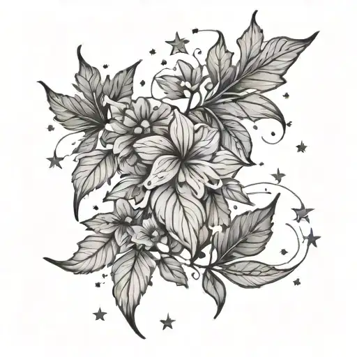 falling leaves with flowers and stars tattoo design idea