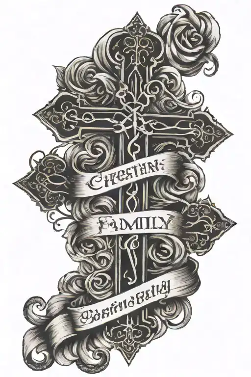christian cross with writing family posing tattoo design idea