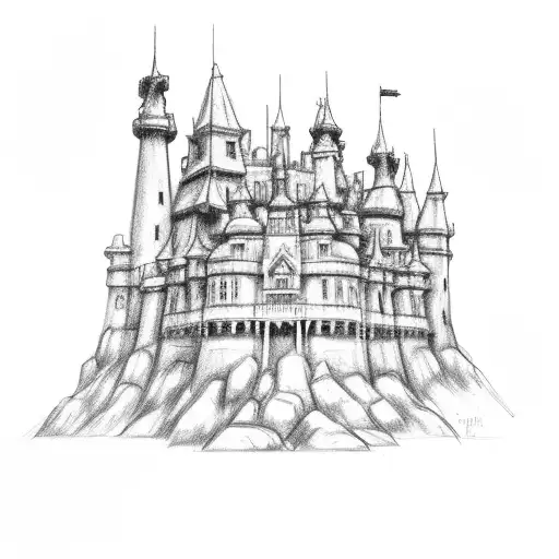A black and grey sketch of a Pedreiro building a PS5 castle guarded by a dragon tattoo design idea