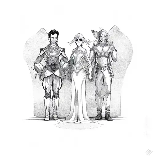 A man, A woman, and a male elf-child standing side by side tattoo design idea