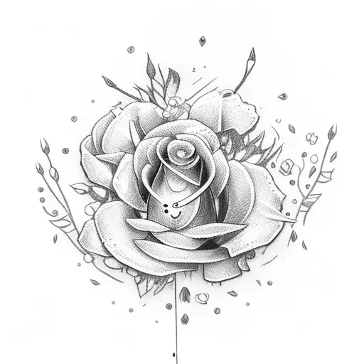 A sword piercing through a bouquet of flowers tattoo design idea