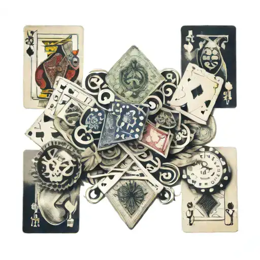 Playing cards money chips masks alcohol tattoo design idea