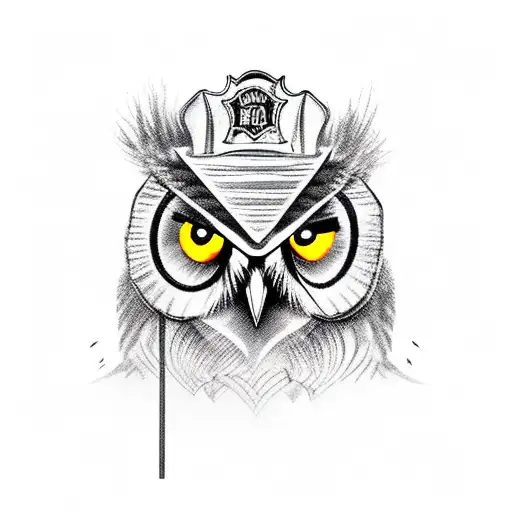 owl, firefighter helmet, fire around it. tattoo design idea