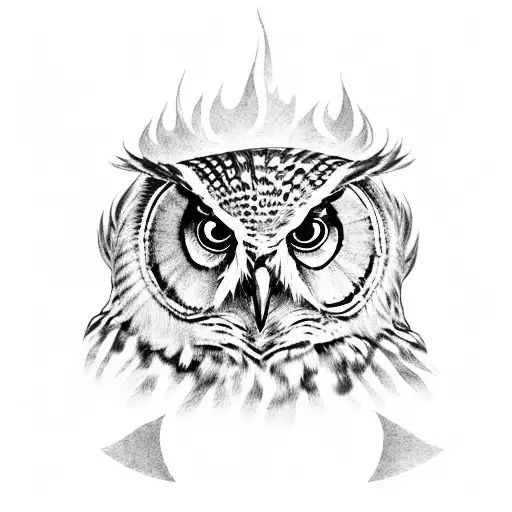 owl, firefighter helmet, fire around it. tattoo design idea