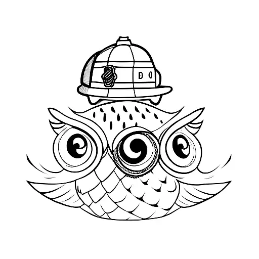 owl, firefighter helmet, fire around it. tattoo design idea