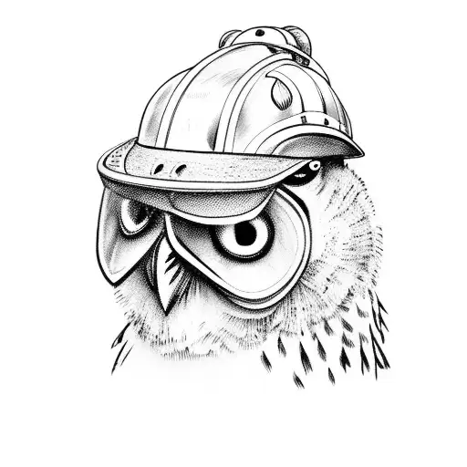 A firefighter helmet with an owl perched on top tattoo design idea
