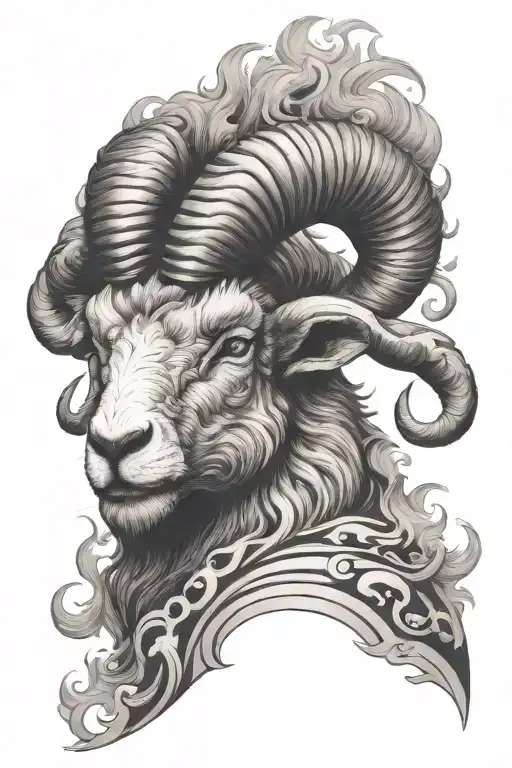 Raging Aries ram head surrouded by flames left arm sleeve tattoo design idea