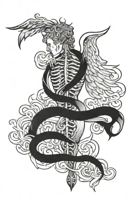 caduceus Hermetic  on the back Male boddy running on the spine tattoo design idea