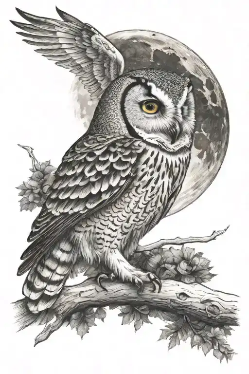 owl flying below moon tattoo design idea