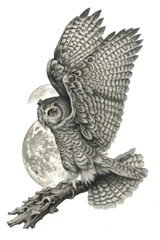 owl flying below moon tattoo design idea