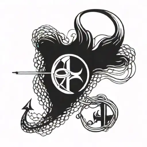 A Gemini symbol intertwined with fishing hooks and outdoor elements tattoo design idea