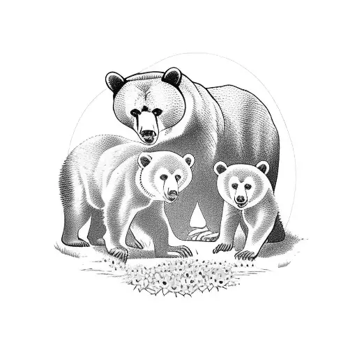 A Mother Russian bear and her cubs playing in a field of wildflowers tattoo design idea