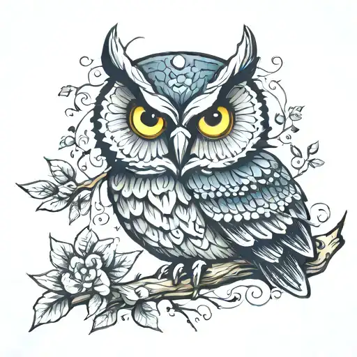 owl on a branch surrounded tattoo design idea