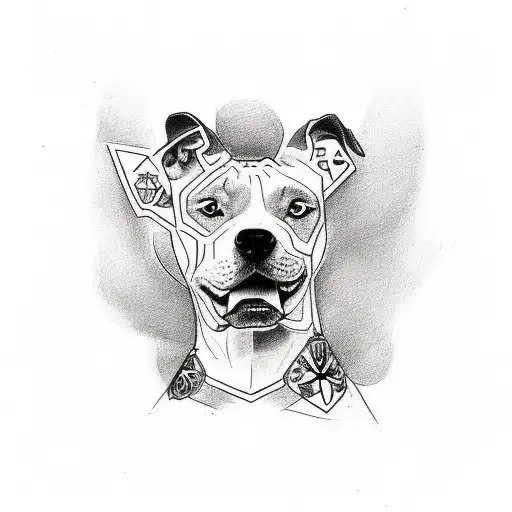 Design a sketch-style tattoo showcasing a pitbull adorned with BDSM symbols, representing strength and loyalty tattoo design idea