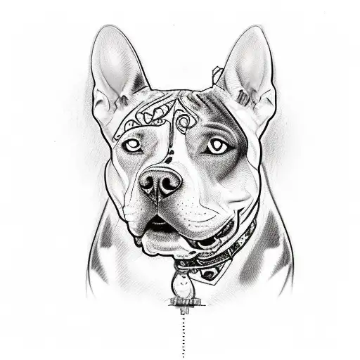 Design a sketch-style tattoo showcasing a pitbull adorned with BDSM symbols, representing strength and loyalty tattoo design idea