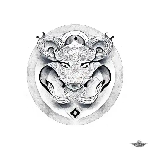 A black-grey tattoo design combining the Leo and Scorpio zodiac symbols in a symmetrical pattern tattoo design idea