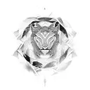 A black-grey tattoo design combining the Leo and Scorpio zodiac symbols in a symmetrical pattern tattoo design idea