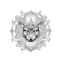 A black-grey tattoo design combining the Leo and Scorpio zodiac symbols in a symmetrical pattern tattoo design idea
