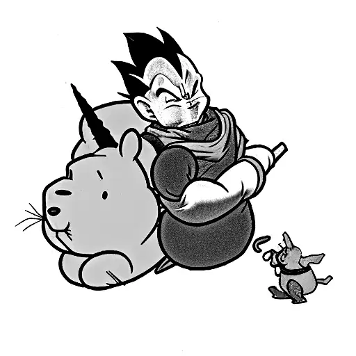 A minimalist portrait of Vegeta with Winnie the Pooh and a unicornio in the background tattoo design idea