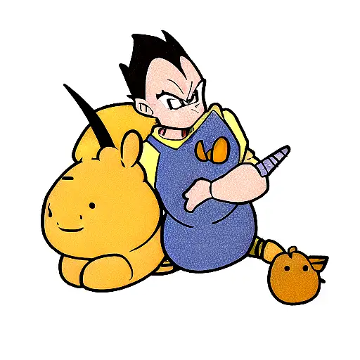 A minimalist portrait of Vegeta with Winnie the Pooh and a unicornio in the background tattoo design idea