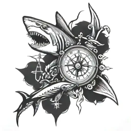 Tattoo on the arm: shark, compass, Caravaca cross, hourglass. tattoo design idea