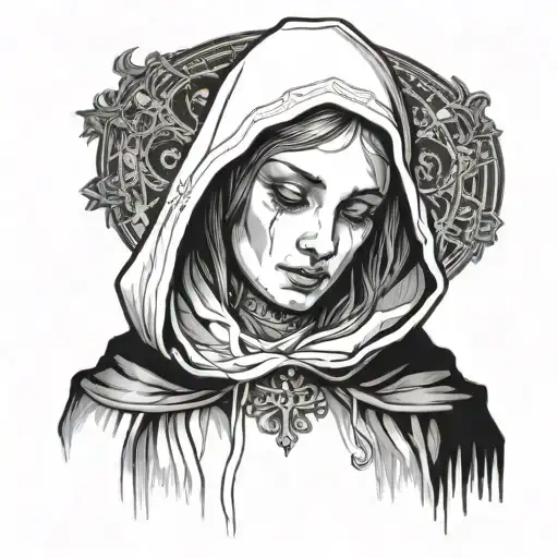 a saint, wearing a hood, a woman with a young, beautiful face, the saint has to have her head slightly lowered, (it has  tattoo design idea