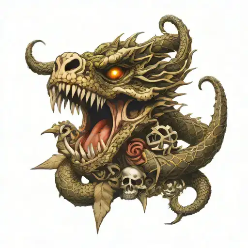 a central figure like a powerful dragon or snake intertwined with pirate elements, such as a skull or crossbones tattoo design idea