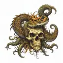 a central figure like a powerful dragon or snake intertwined with pirate elements, such as a skull or crossbones tattoo design idea