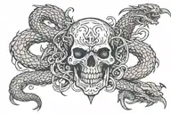a central figure like a powerful dragon or snake intertwined with pirate elements, such as a skull or crossbones tattoo design idea