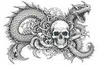 a central figure like a powerful dragon or snake intertwined with pirate elements, such as a skull or crossbones tattoo design idea