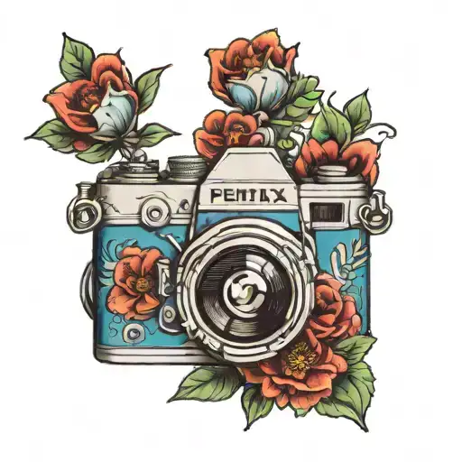 pentax camera with flowers blooming blue and red tattoo design idea