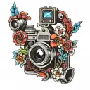 pentax camera with flowers blooming blue and red tattoo design idea