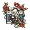 pentax camera with flowers blooming blue and red tattoo design idea