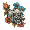 pentax camera with flowers blooming blue and red tattoo design idea