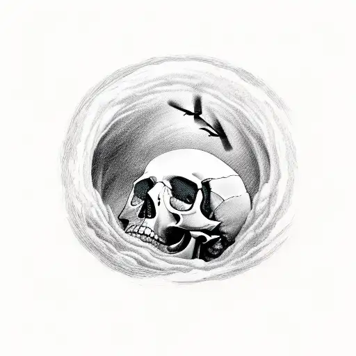 An artistic representation of a thunderstorm inside a skull, with crows flying out of its eye sockets tattoo design idea